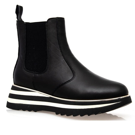 Alfie & Evie Hiccup Black Leather Ankle Boot for women with a fun striped sole, easy elastic sides, and handy pull tab at the back.  ksnz