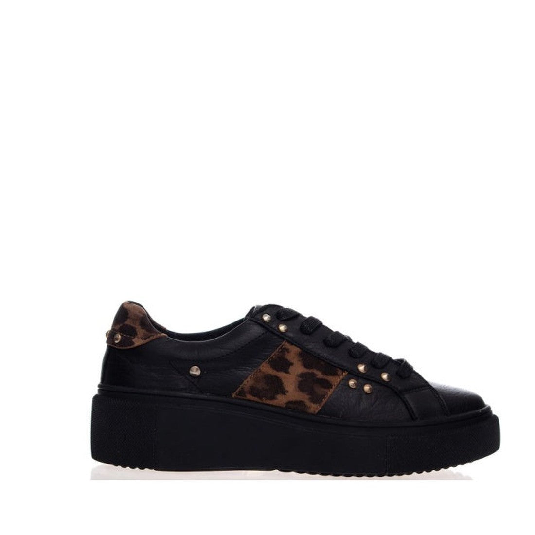 Alfie & Evie Kobe Black Platform Sneaker with cozy leather, fun cheetah spots, gold studs, comfy black sole, and easy black laces.  ksnz