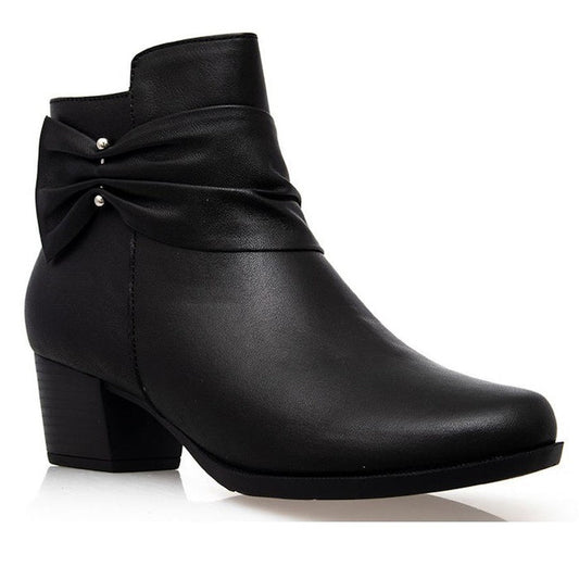 Alfie & Evie Lara Women's Black Leather Ankle Boot with comfy low block heel, rounded toe, easy side zip, and nonslip sole for winter.  ksnz