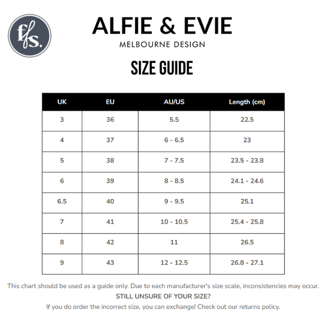 Alfie & Evie Hosting Womens Leather Shoe Platform White/Silver size guide charts UK, EU, AU/US sizes and foot lengths in cm (UK 3-8). Note: sizing may vary; see returns policy for exchanges., 43583, 43584, 43585, 43586, 43587, 43588, 43589