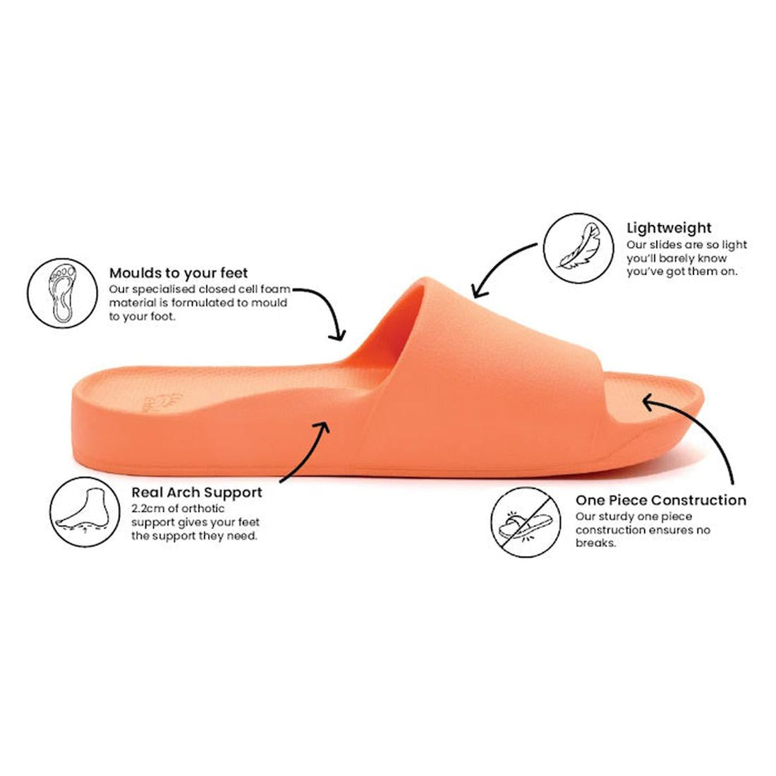 Archies Footwear Arch Support Slide Peach—comfy peach slip-on sandal with soft sole, arch support, and easy one-piece design.  ksnz, 9350311007139, 9350311007146, 9350311007153, 9350311007160, 9350311007177, 9350311007184