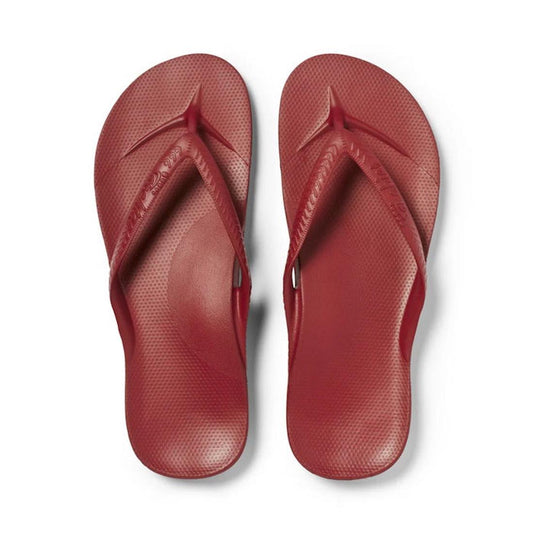 Archies Footwear Arch Support Jandal in Sangria Red, comfy textured rubber thongs with cushioned sole and easy slip-on fit, top view.  ksnz