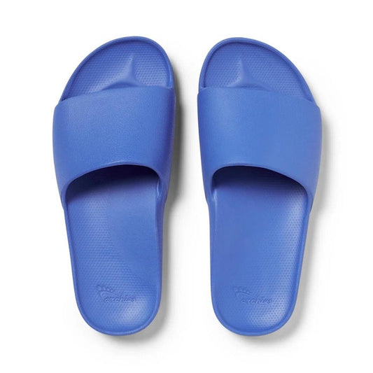 Archies Footwear Arch Support Slide Capri Blue sandals for the family, featuring a comfy wide strap and soft textured sole, top view.  ksnz
