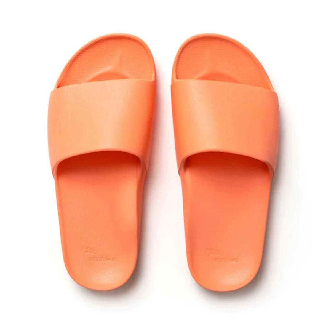 Archies Footwear Arch Support Slide in peach, comfy slides with wide straps and cushioned soles, perfect for family comfort, side by side.  ksnz