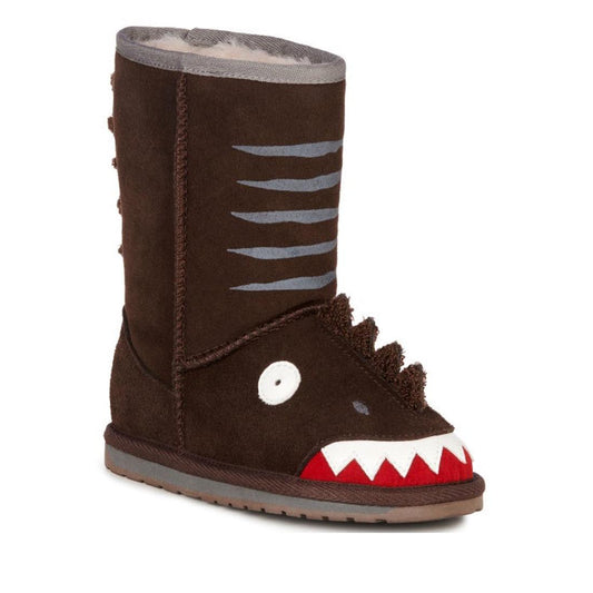 EMU NZ Kids Little Creatures Brown Dinosaur Boot: fun brown boots with dinosaur spikes, soft Merino wool lining, durable sole, easy pull-on.  ksnz