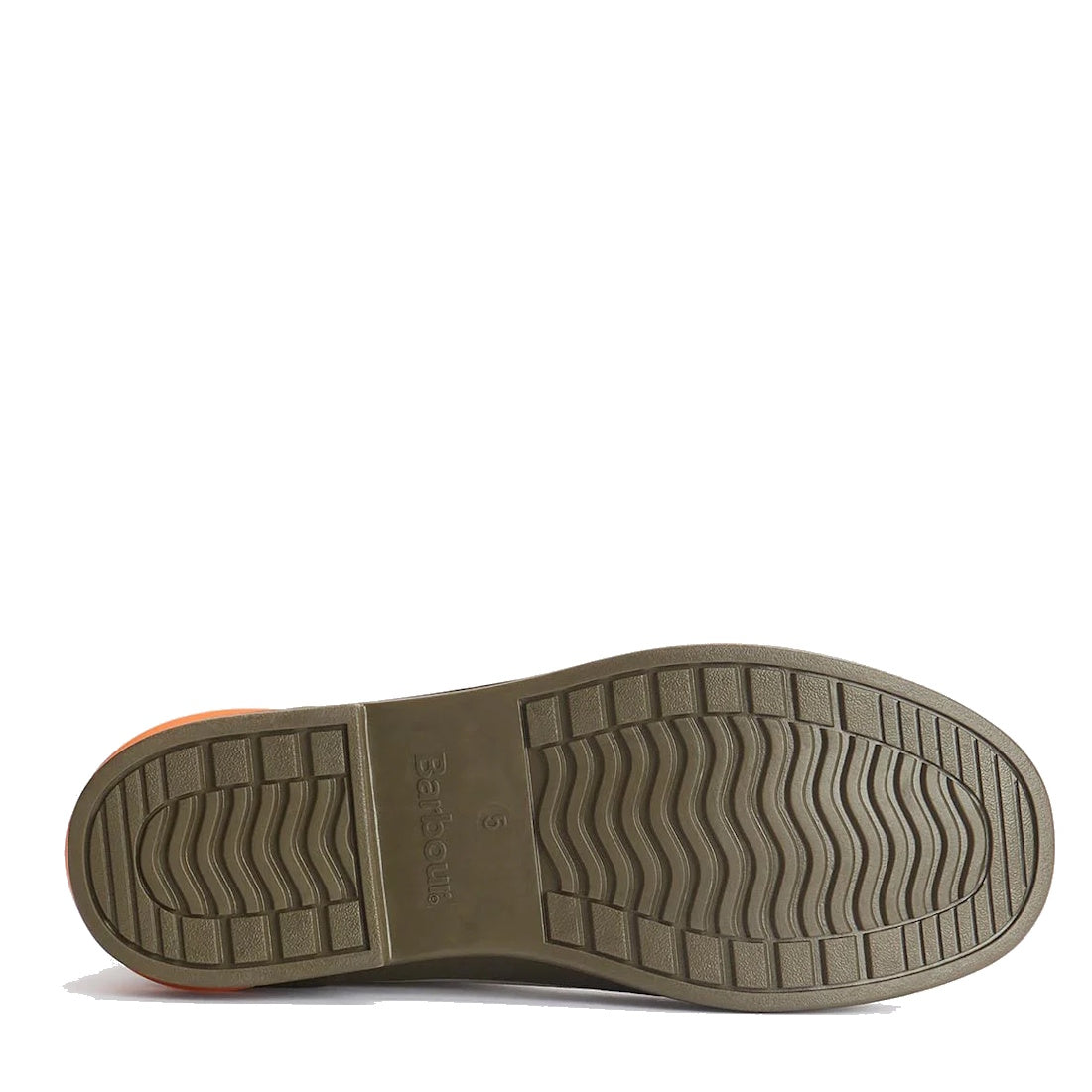 The image shows the sole of Barbour Abbeyfield Packable Ankle Wellingtons Mist, with a textured olive green rubber surface, wavy zigzag tread for grip, and a rectangular "Barbour" brand name plus size “6” imprinted., 51823, 51824, 5063669171196, 506366917