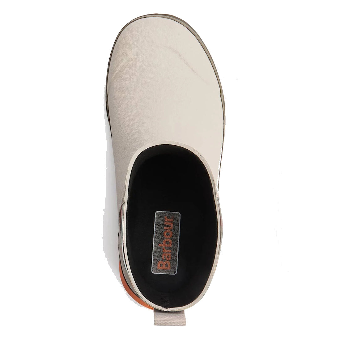 Top view of a single Barbour Abbeyfield Packable Ankle Wellington in Mist, featuring a black interior, visible Barbour logo on the insole, heel pull tab, and subtle orange detail on the back., 51823, 51824, 5063669171196, 5063669171202, 5063669171219, 518