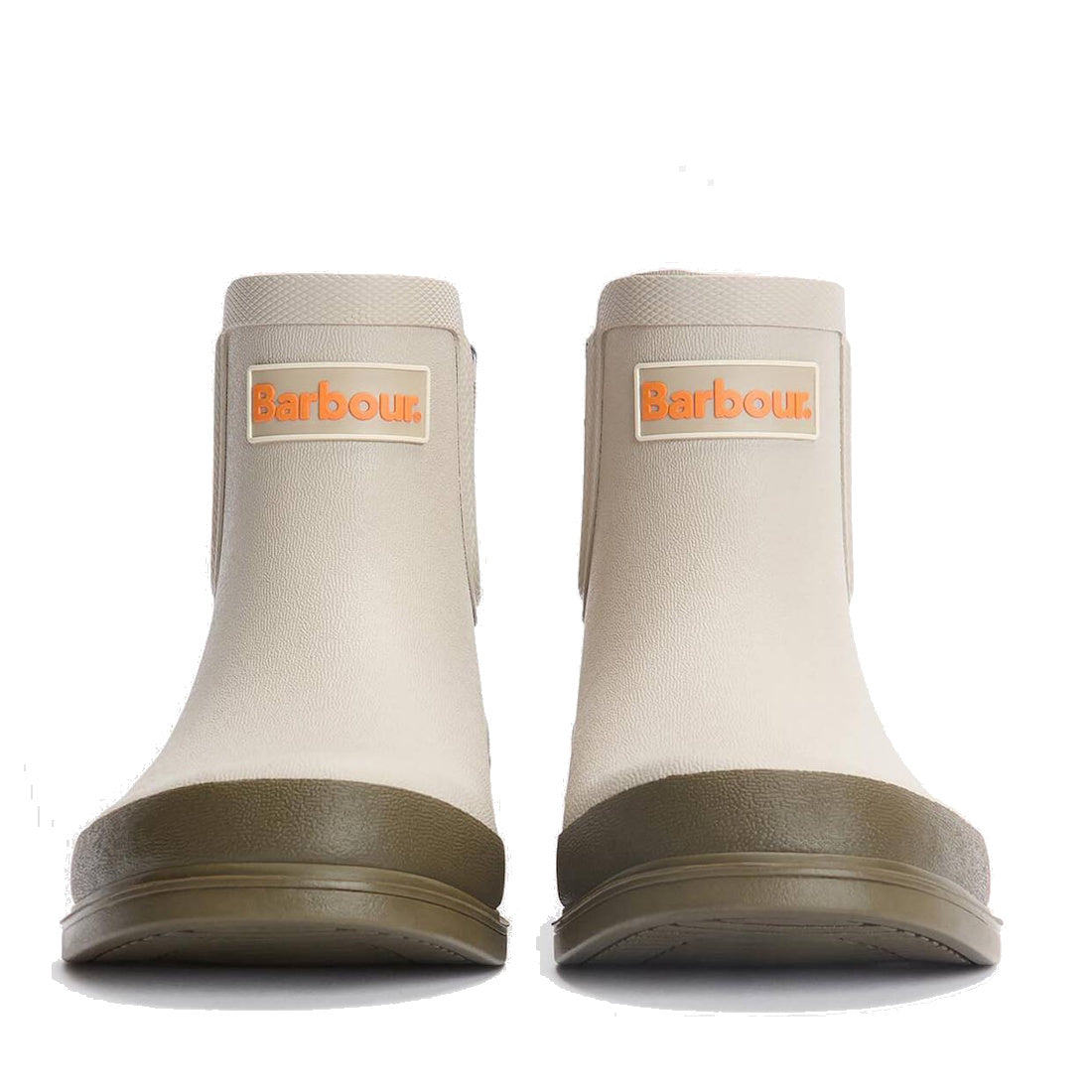 A pair of Barbour Abbeyfield Packable Ankle Wellingtons Mist, shown from the front against a white background. These lightweight beige ankle boots feature olive green soles and orange-and-white Barbour logo patches., 51823, 51824, 5063669171196, 506366917