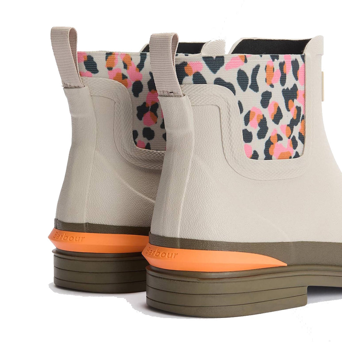 A close-up of the back of two Barbour Abbeyfield Packable Ankle Wellingtons Mist—lightweight ankle boots with multicolored leopard print panels, orange sole accents, and olive green outsoles., 51823, 51824, 5063669171196, 5063669171202, 5063669171219, 518