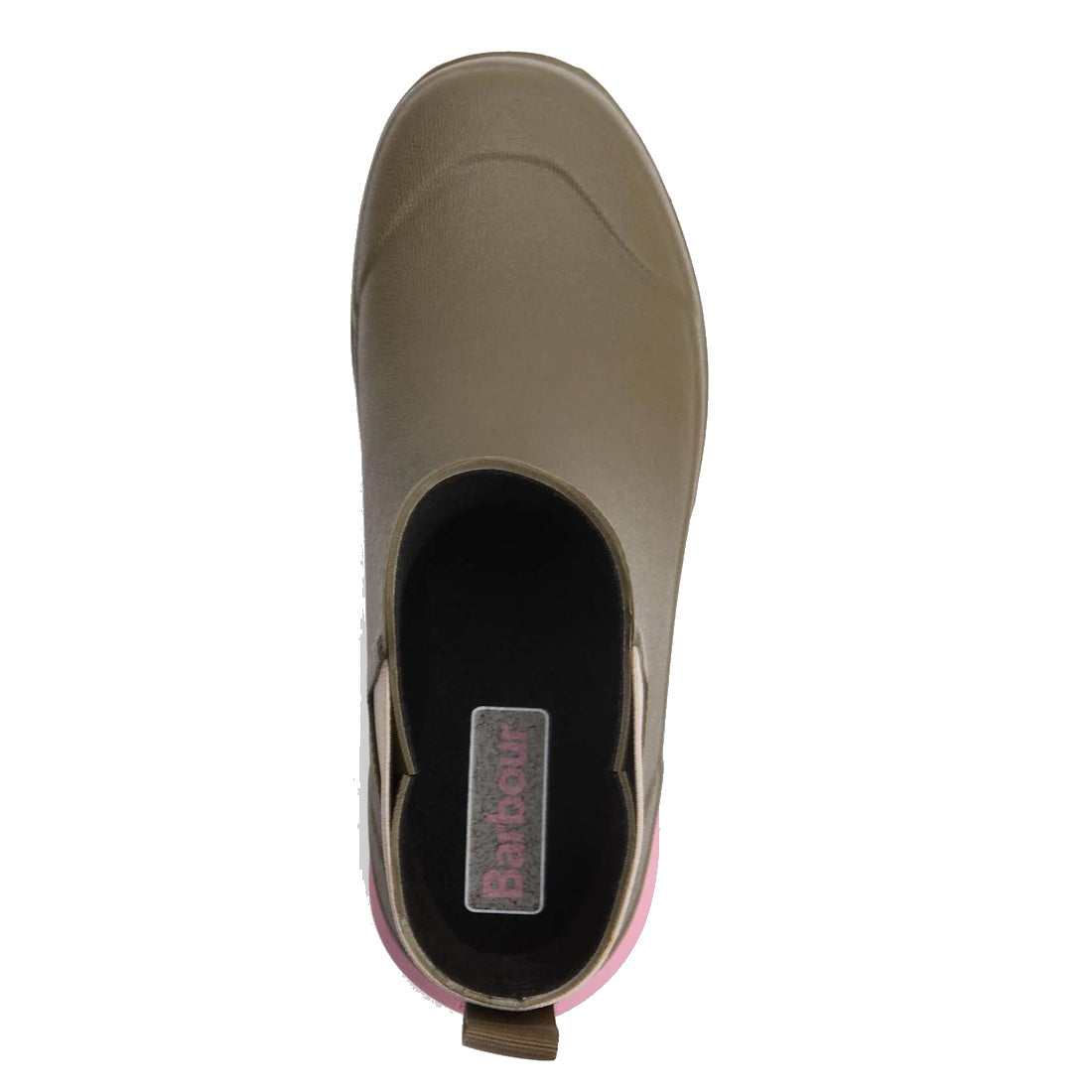 Top view of Barbour Abbeyfield Packable Ankle Wellingtons Olive with pink heel detail, black lining, and Barbour logo on the insole—lightweight and perfect for festivals., 51830, 51831, 5063669171264, 5063669171271, 5063669171288, 51835, 51836