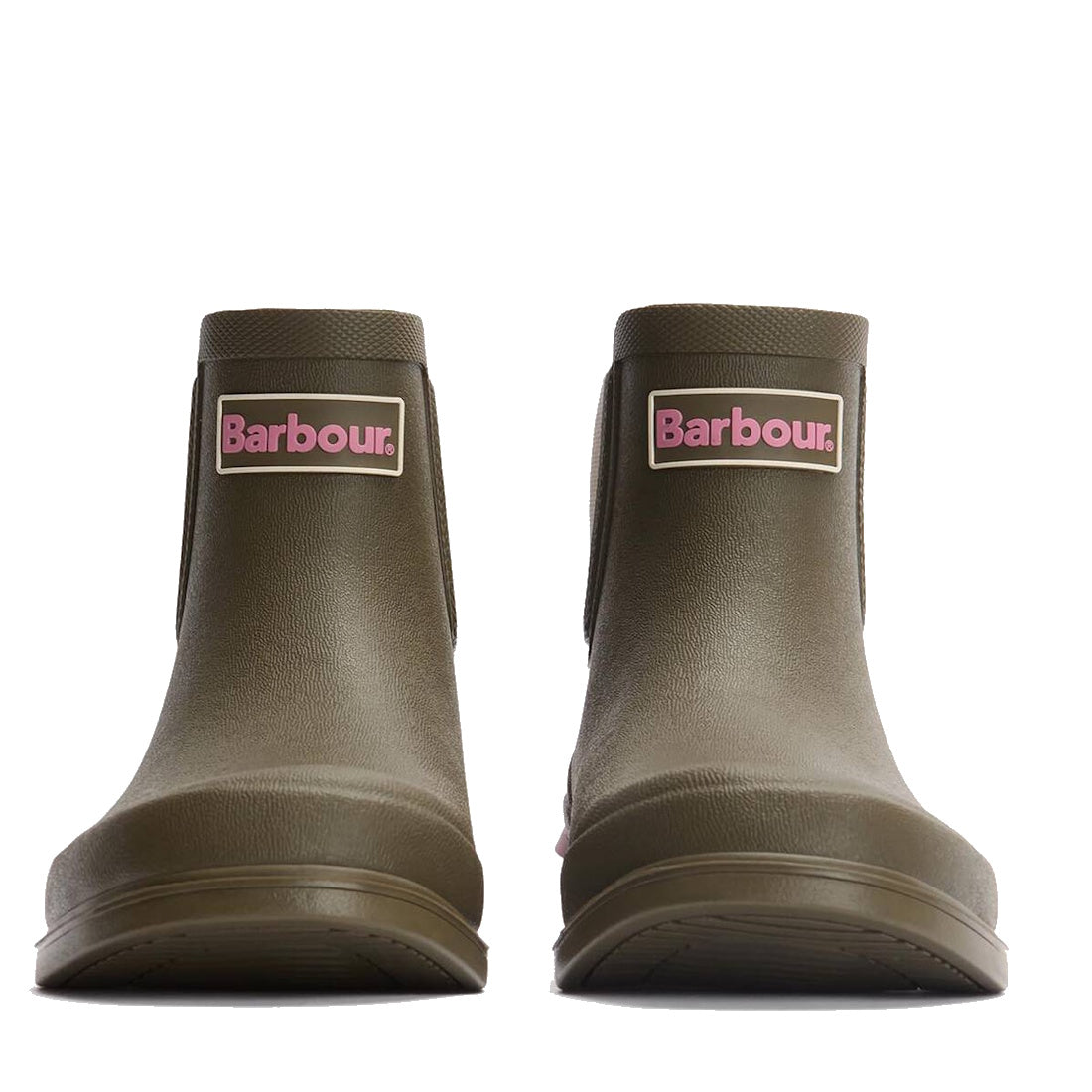 Front view of Barbour Abbeyfield Packable Ankle Wellingtons Olive featuring textured rubber, pink Barbour logo labels, rounded toes, and flat soles. These lightweight ankle wellies are perfect for festivals and easy to pack., 51830, 51831, 5063669171264, 