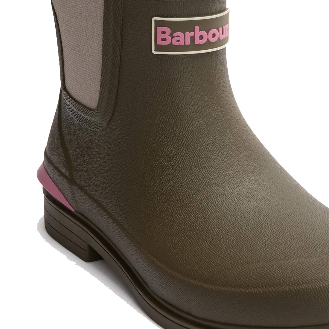 Close-up of Barbour Abbeyfield Packable Ankle Wellingtons in Olive, featuring a front logo and heel accent, ideal as lightweight or festival boots, shown against a plain white background., 51830, 51831, 5063669171264, 5063669171271, 5063669171288, 51835, 