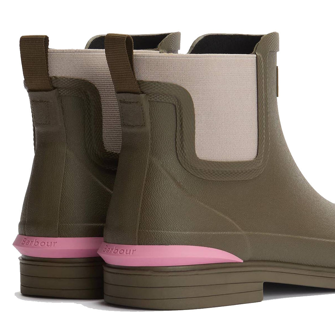 Close-up of Barbour Abbeyfield Packable Ankle Wellingtons Olive—olive green ankle boots with beige elastic panels, brown pull tabs, pink heel accents, and Barbour logo on the heel strip; lightweight wellies ideal as festival boots., 51830, 51831, 50636691