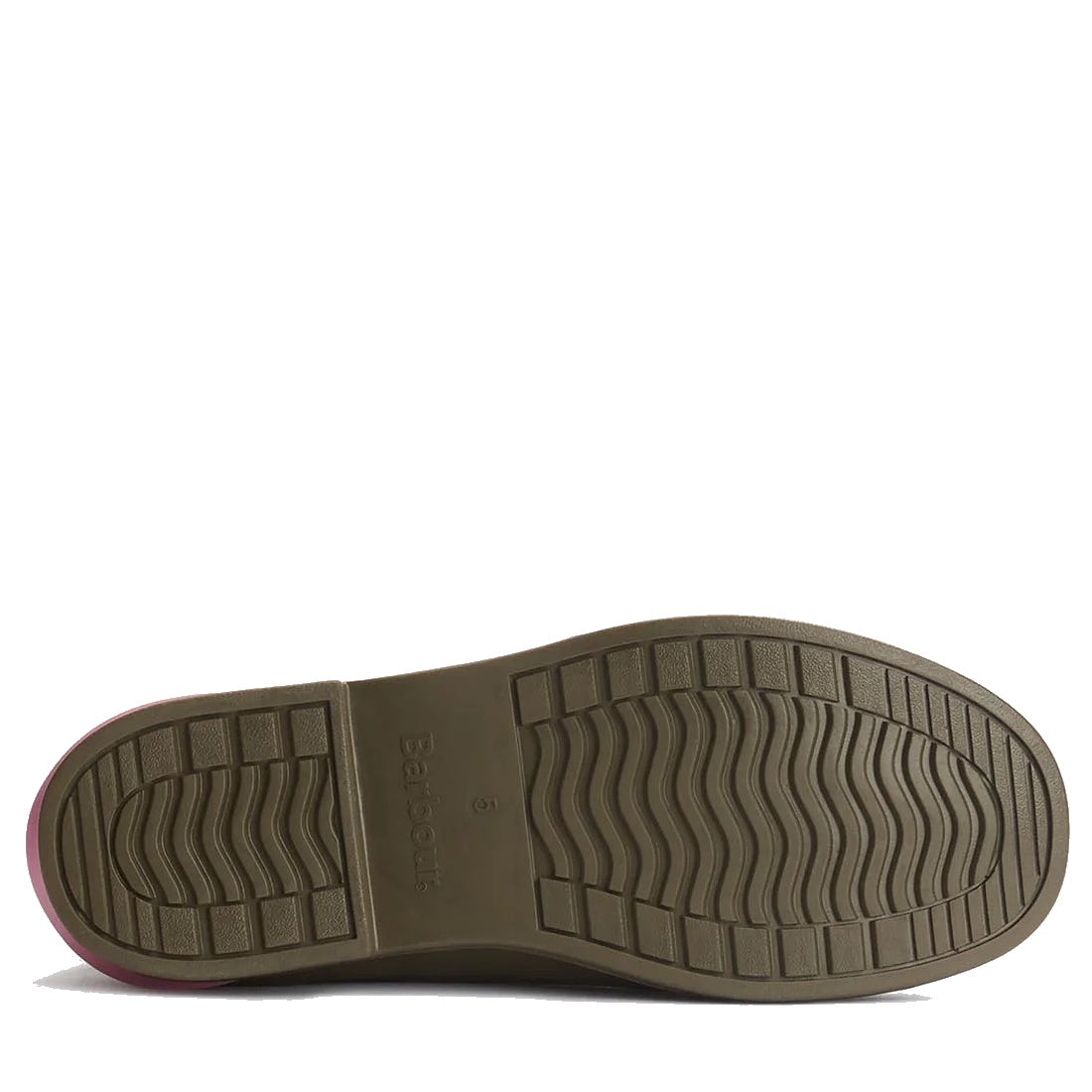 The image shows the sole of Barbour Abbeyfield Packable Ankle Wellingtons Olive, with a textured, non-slip brown tread featuring Barbour branding and a size 6 mark—ideal for lightweight wellies or festival boots., 51830, 51831, 5063669171264, 506366917127