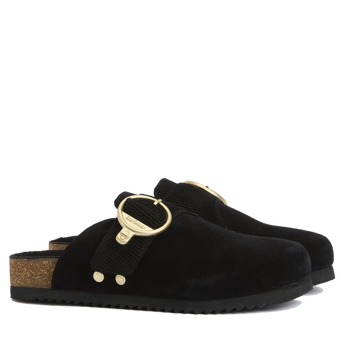 The Barbour Kyra Women's Closed Toe Clog Sandal in black suede features slip-on style, cork soles, large gold buckles, and textured side straps—shown here on a white background.