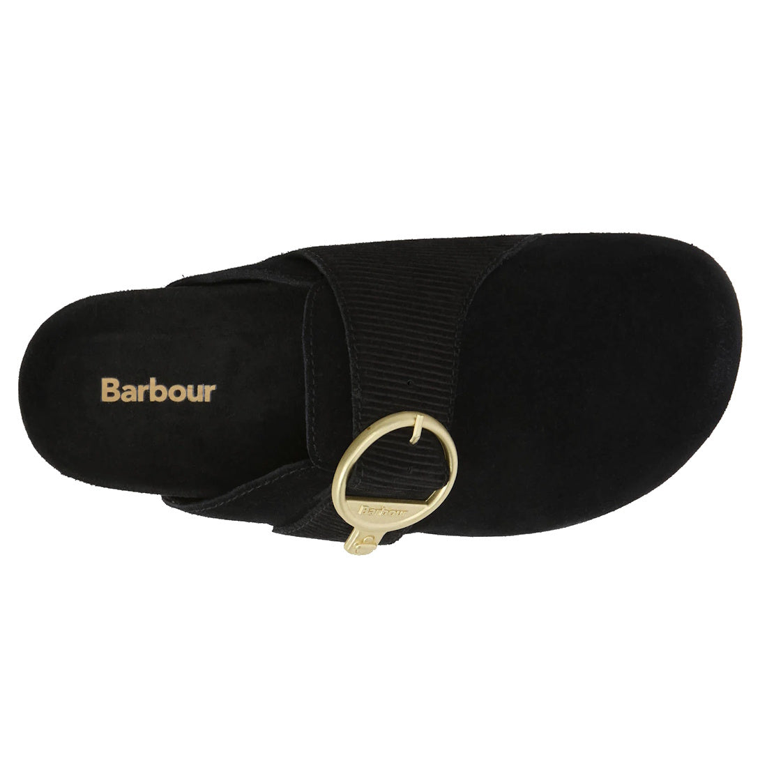 Top view of the Barbour Kyra Women's Closed Toe Clog Sandal in black suede, featuring a soft footbed, elastic strap, gold buckle, and Barbour logo on the insole—perfect slip-on shoes for any occasion.,5063669169339,
5063669169346,
5063669169353,
506366916