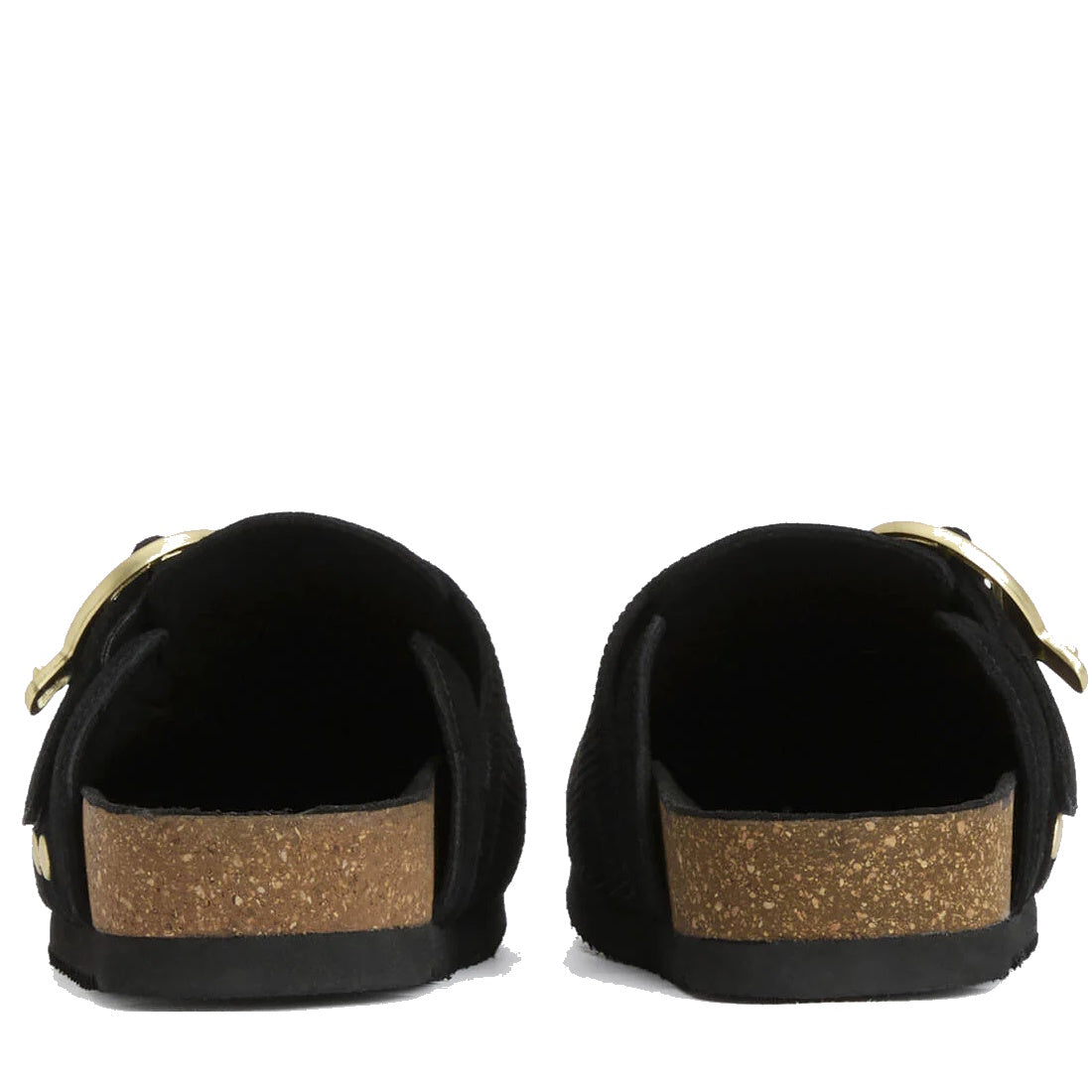 Rear view of Barbour Kyra Womens Closed Toe Clog Sandal in black suede, slip-on shoes with cork soles and gold buckles, shown side by side on a white background., 5063669169339,
5063669169346,
5063669169353,
5063669169360,
5063669169377,, 5063669169339, 5