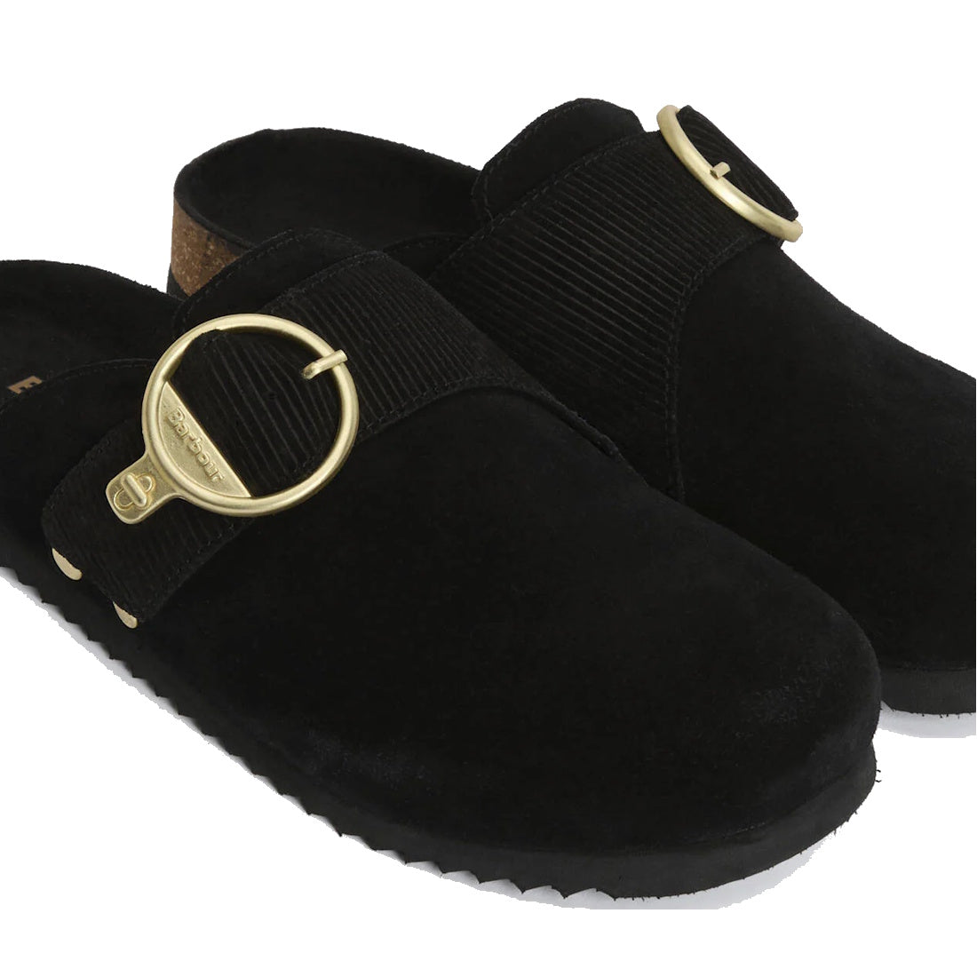 The Barbour Kyra Womens Closed Toe Clog Sandal in black suede features a slip-on design with a cork insole, wide black strap, and a bold round gold buckle across the top., 5063669169339,
5063669169346,
5063669169353,
5063669169360,
5063669169377,, 5063669