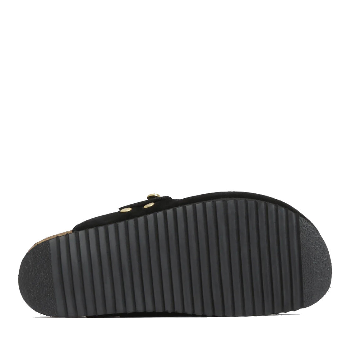 The image shows the black ribbed sole, thick platform, and gold rivets of the Barbour Kyra Womens Closed Toe Clog Sandal in Black Suede—stylish slip-on shoes for women.,5063669169339,
5063669169346,
5063669169353,
5063669169360,
5063669169377,, 5063669169