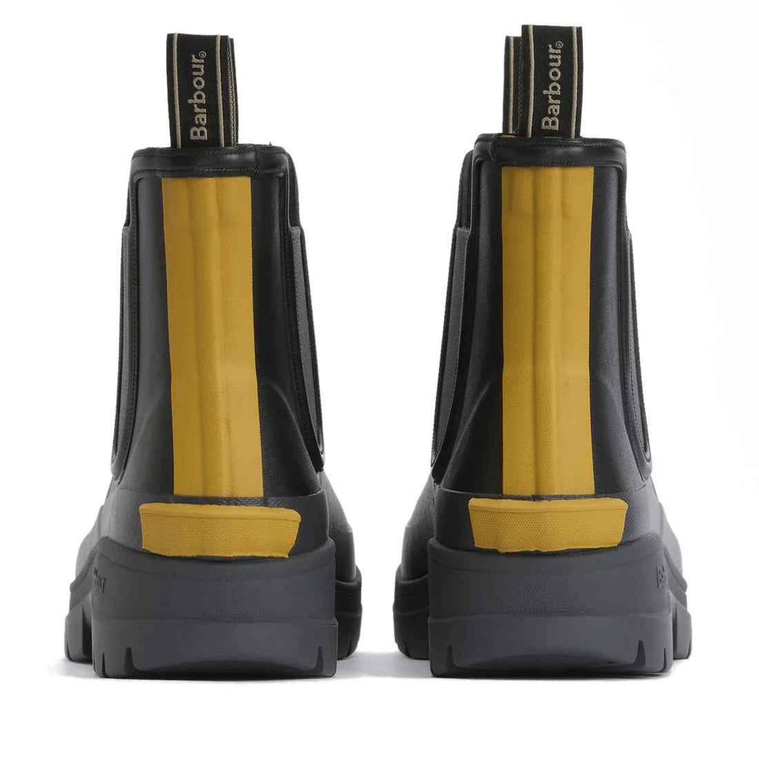 The Barbour Nimbus Black/Ochre Chelsea Wellingtons Men's Rainboot, shown from behind with yellow accents and pull tabs, features chunky soles and visible Barbour branding for stylish, practical waterproof protection., 51444, 5063669168752, 5063669168691, 