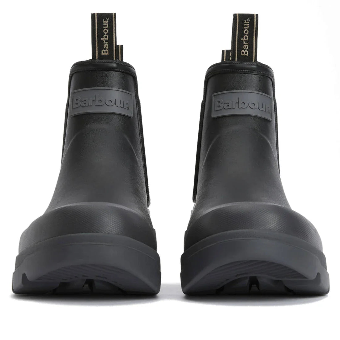 Front view of Barbour Nimbus Black/Ochre Chelsea Wellingtons Men's Rainboot, featuring pull tabs, thick soles, and embossed Barbour logo on each waterproof boot., 51444, 5063669168752, 5063669168691, 5063669168707