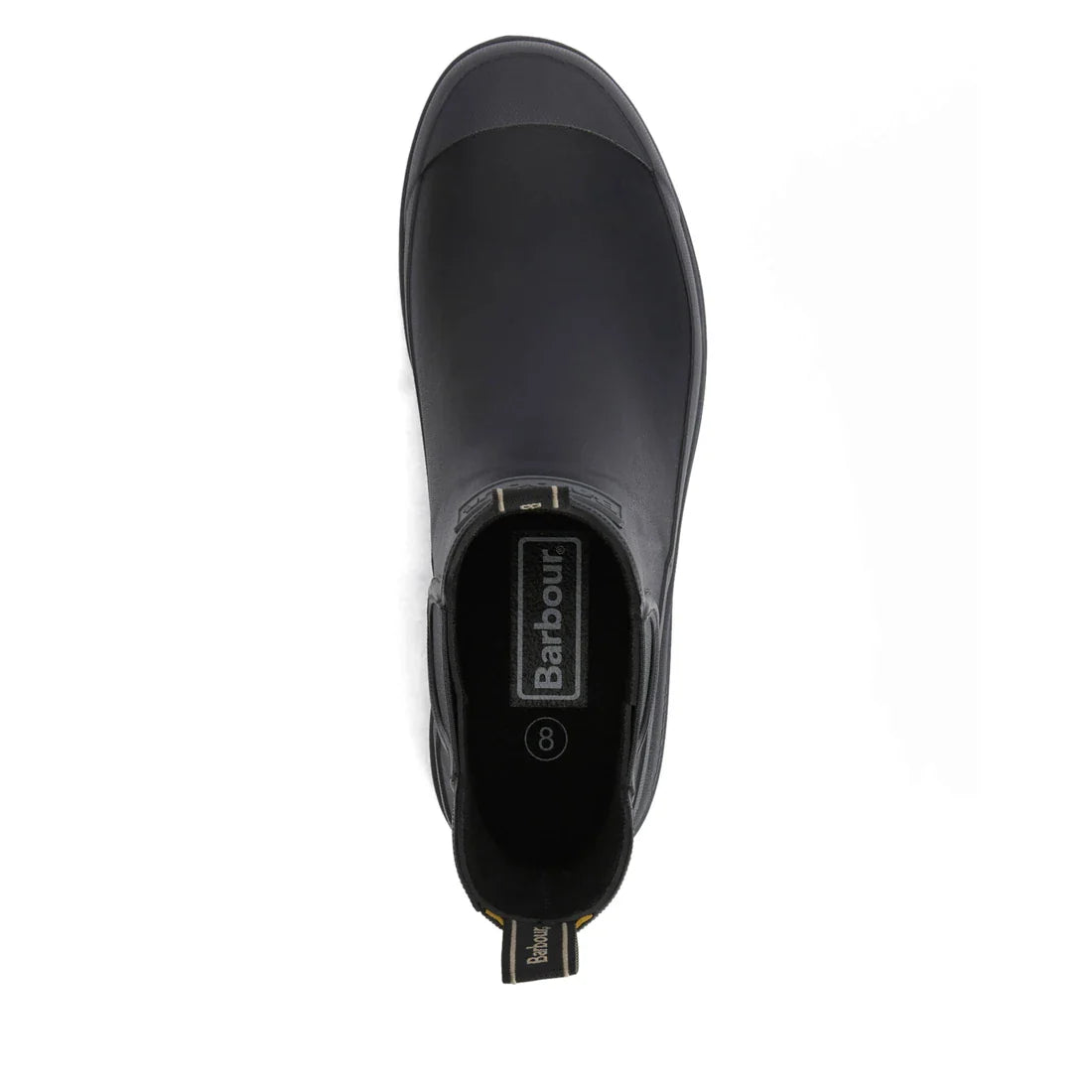 Top view of a single Barbour Nimbus Black/Ochre Chelsea Wellingtons Mens Rainboot with heel pull tab and Barbour logo on the insole and pull tab, set against a white background., 51444, 5063669168752, 5063669168691, 5063669168707