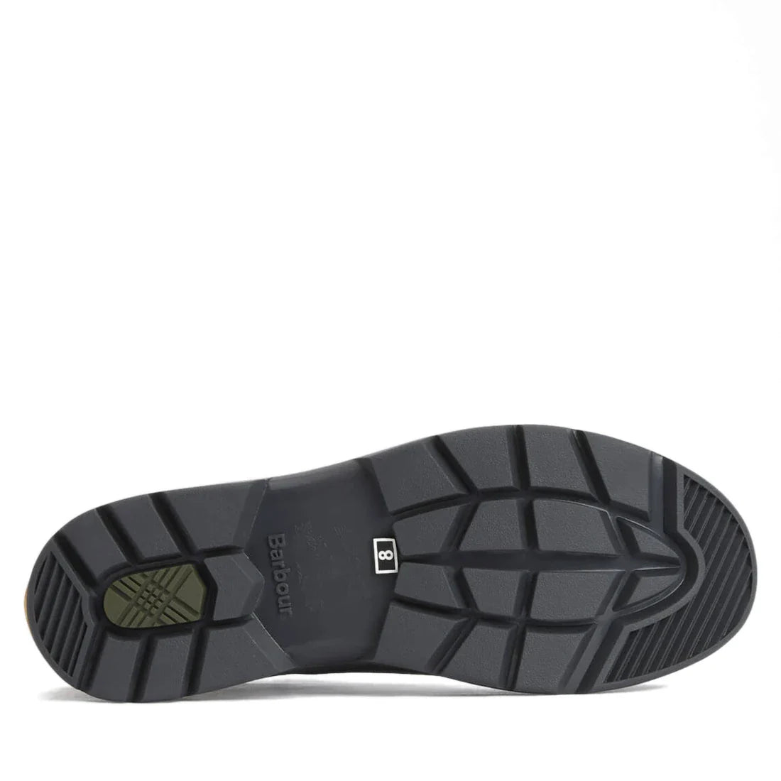 The image shows the black rubber sole of the Barbour Nimbus Black Chelsea Wellingtons Men's Rainboot, featuring deep grooves and textured patterns for grip, with "Barbour" and the number 8 visible on the sole., 194972434229, 194972434236, 194972434175, 19
