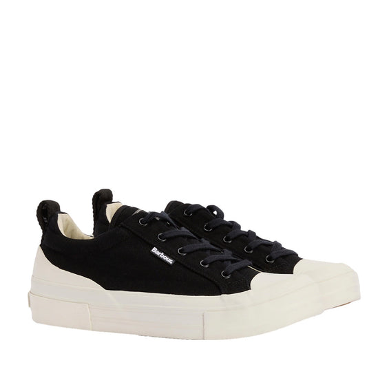 Barbour Mens Stanhope Canvas Lace Up Trainer in black, a comfy sneaker with sturdy white soles, toe caps, and easy lace-up style.  ksnz