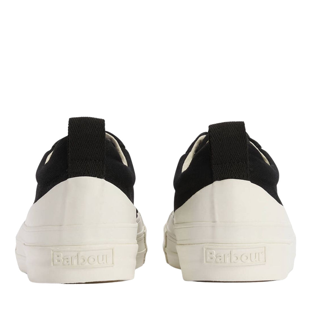 Barbour Mens Stanhope black canvas lace-up sneakers, shown from behind with comfy white rubber soles and the Barbour logo on the heel.  ksnz, 5063669167076, 5063669167014, 5063669167021