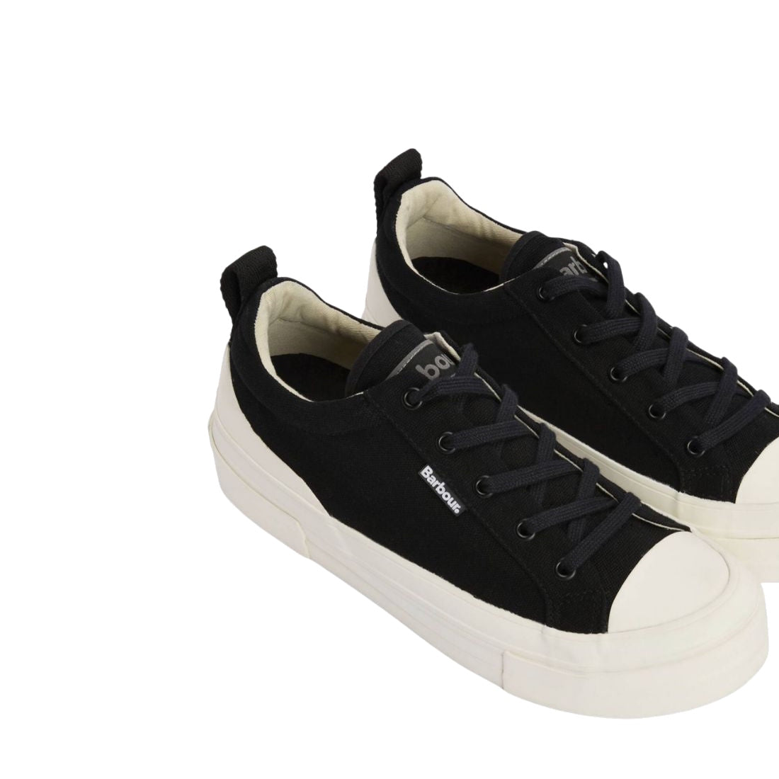 Barbour Men’s Stanhope black lace-up canvas sneakers with sturdy white soles and toe caps, shown at an angle on clean white.  ksnz, 5063669167076, 5063669167014, 5063669167021