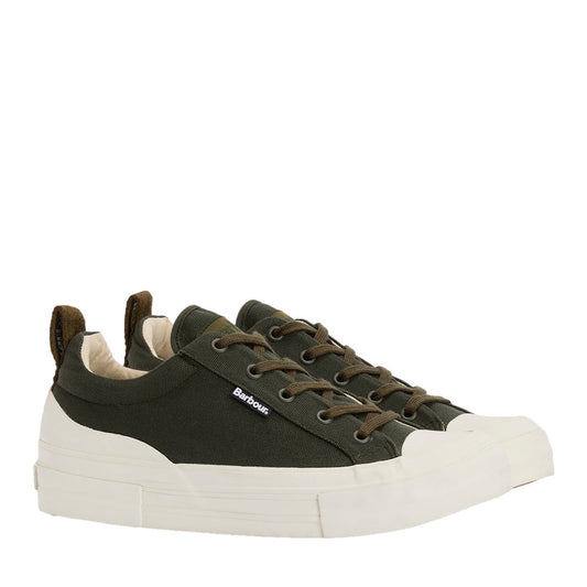 Barbour Mens Stanhope Canvas Lace Up Trainer Olive—low-top men's sneakers with olive canvas uppers, white rubber soles and toe caps, brown back pull tabs, and a small Barbour label on the side.