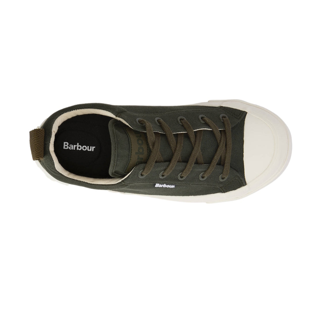 Top view of the Barbour Mens Stanhope Canvas Lace Up Trainer Olive: men's olive canvas sneakers with dark green laces, white rubber toe cap and sole, plus Barbour branding on the side and insole., 5063669167113, 5063669167120, 5063669167137, 5063669167144