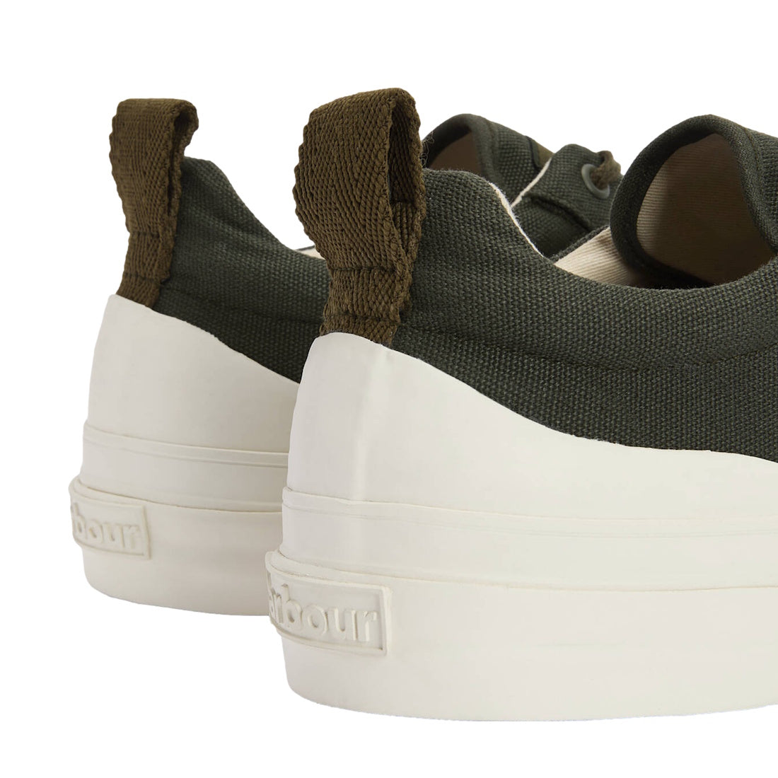 Close-up of the back of two Barbour Mens Stanhope Canvas Lace Up Trainers in olive, featuring chunky white soles, brown heel loops, and Barbour branding embossed on the heel of each men's sneaker., 5063669167113, 5063669167120, 5063669167137, 506366916714