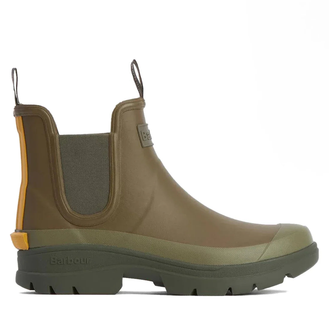 Side view of Barbour Nimbus Olive/Ochre Chelsea Wellingtons Mens Rainboot with elastic side panels, yellow pull tab, thick treaded sole, and rounded toe. These waterproof ankle boots are shown on a white background., 5063669168813, 5063669168820, 50636691