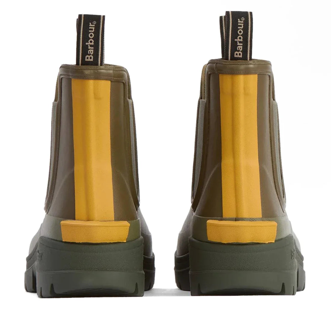 The Barbour Nimbus Olive/Ochre Chelsea Wellingtons Men's Rainboot features stylish green and yellow waterproof ankle boots with Barbour-branded pull tabs and thick rubber soles—ideal for wet weather., 5063669168813, 5063669168820, 5063669168769, 506366916