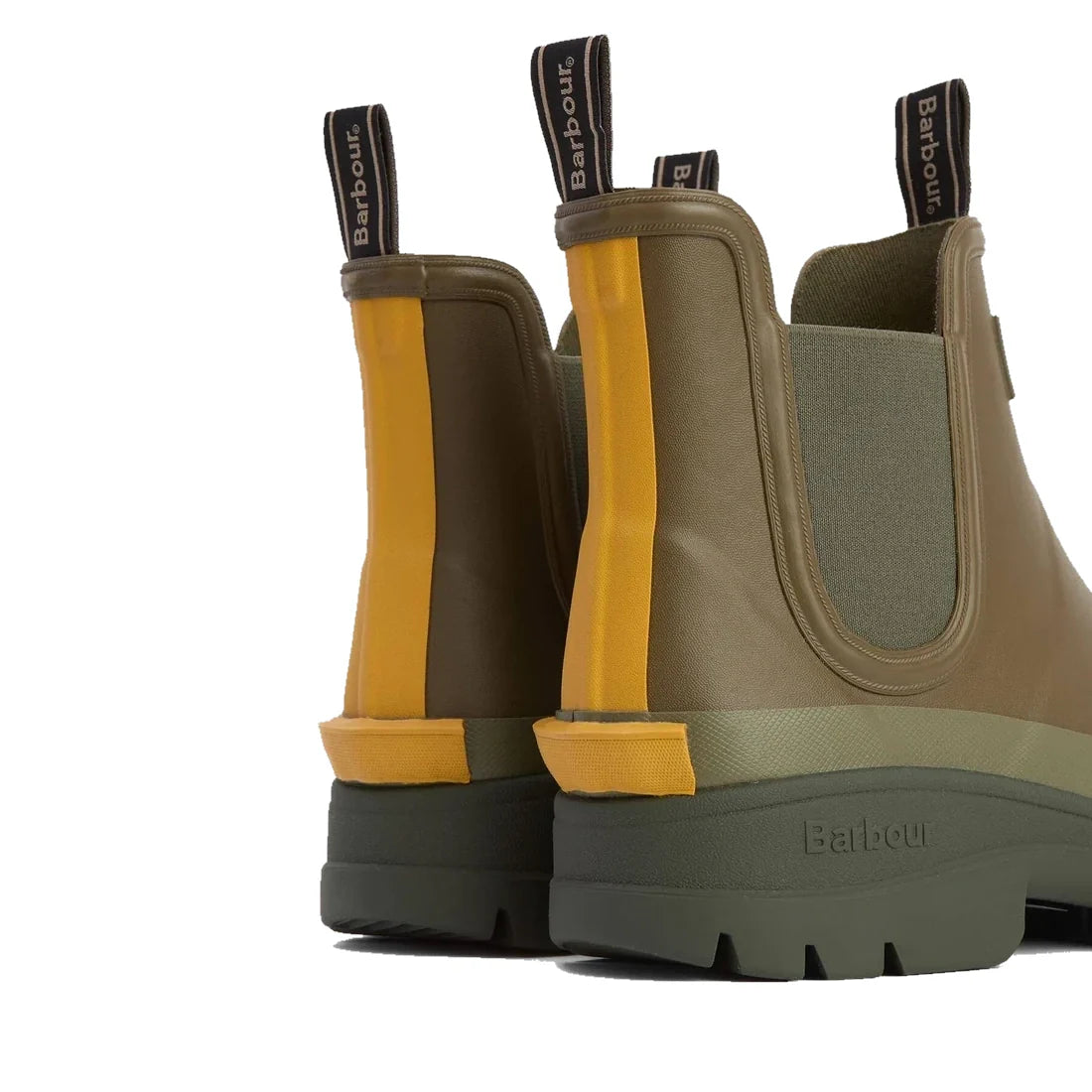 Close-up of the Barbour Nimbus Olive/Ochre Chelsea Wellingtons Men’s Rainboot, showing yellow pull tabs, elastic side panels, chunky soles, and Barbour branding—waterproof ankle boots blending classic Chelsea style with modern rain protection., 5063669168