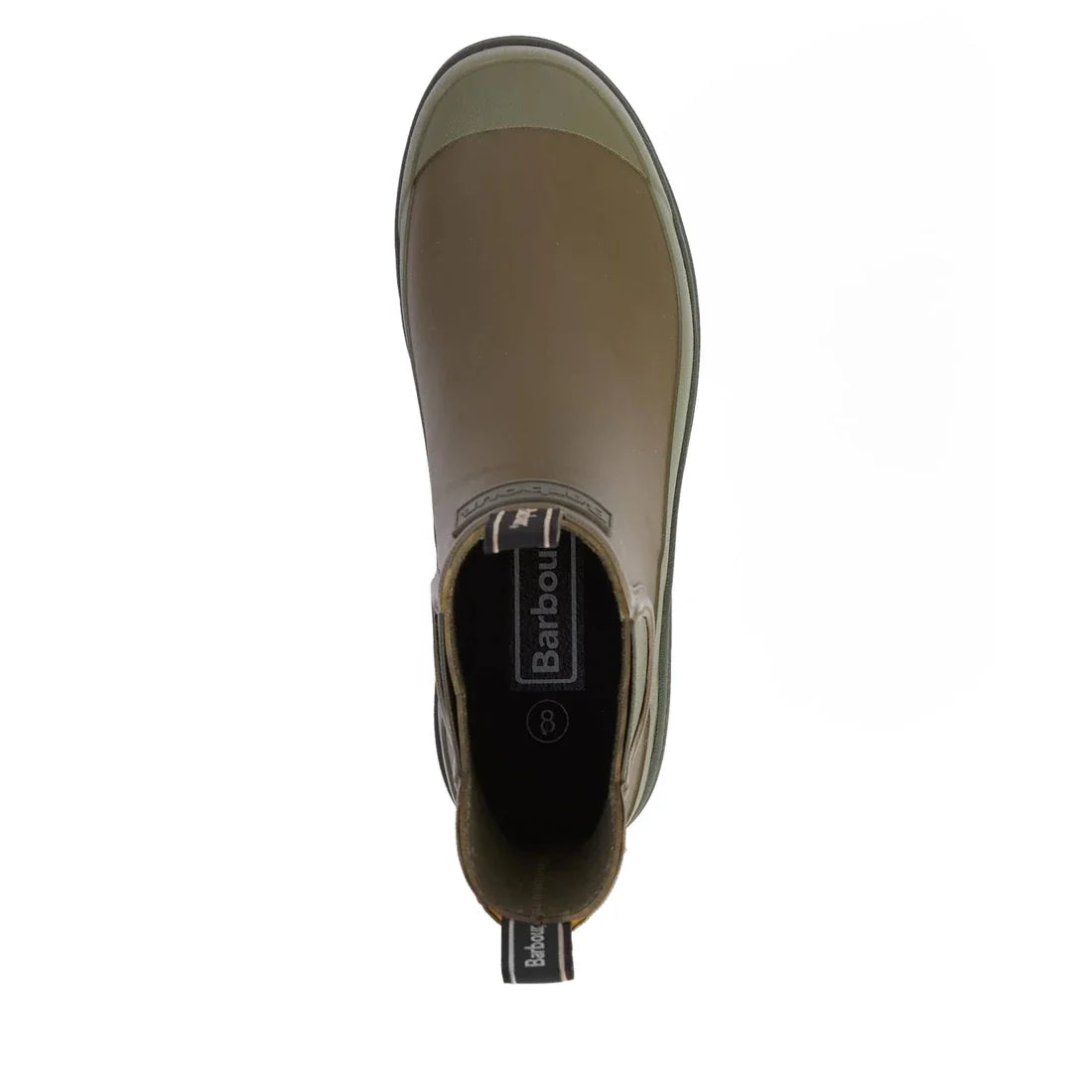 Top view of a single Barbour Nimbus Olive/Ochre Chelsea Wellingtons Men's Rainboot, featuring a pull tab at the heel and black insole branding, photographed on a white background—ideal waterproof ankle boots for any weather., 5063669168813, 5063669168820,