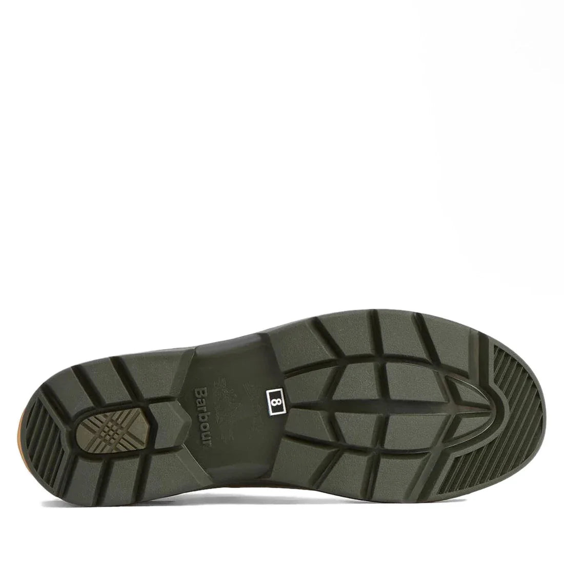 The image displays the sole of the Barbour Nimbus Olive/Ochre Chelsea Wellingtons Men's Rainboot, featuring a dark green rubber tread with textured grooves for grip and Barbour branding on a white background., 5063669168813, 5063669168820, 5063669168769, 