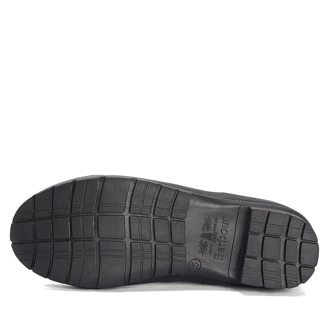 The image shows the black rubber sole of the Barbour Abbey Black Tall Welly Women's Rainboot, featuring a crisscross tread and central Barbour logo, emphasizing the durability of these classic women's rain boots., 51350, 192569962865, 192569963022, 192569