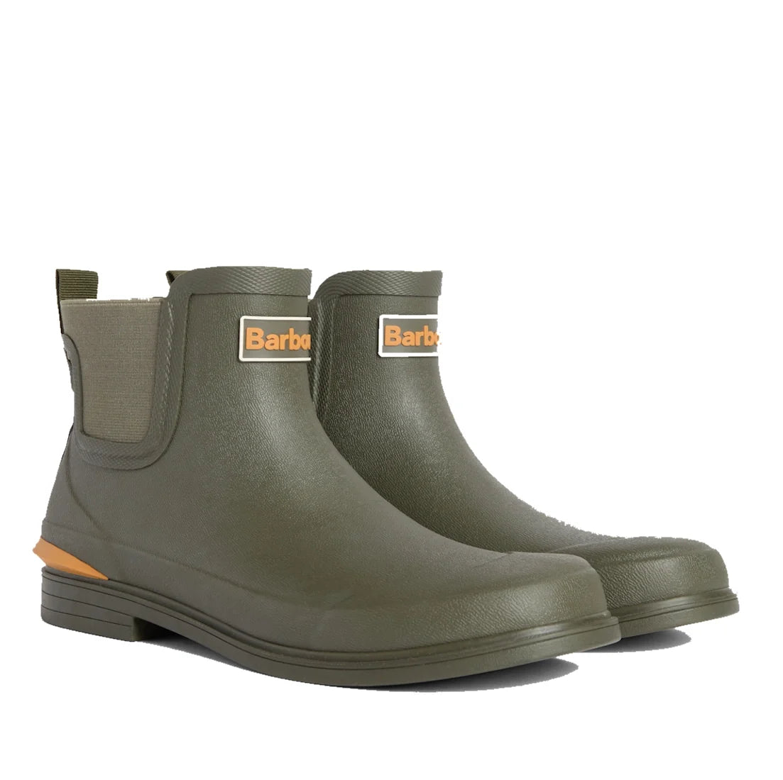 A pair of Barbour Abbeyfield Packable Ankle Wellingtons in olive, these lightweight wellies feature elastic side panels, a back pull tab, and Barbour logos on the front.
