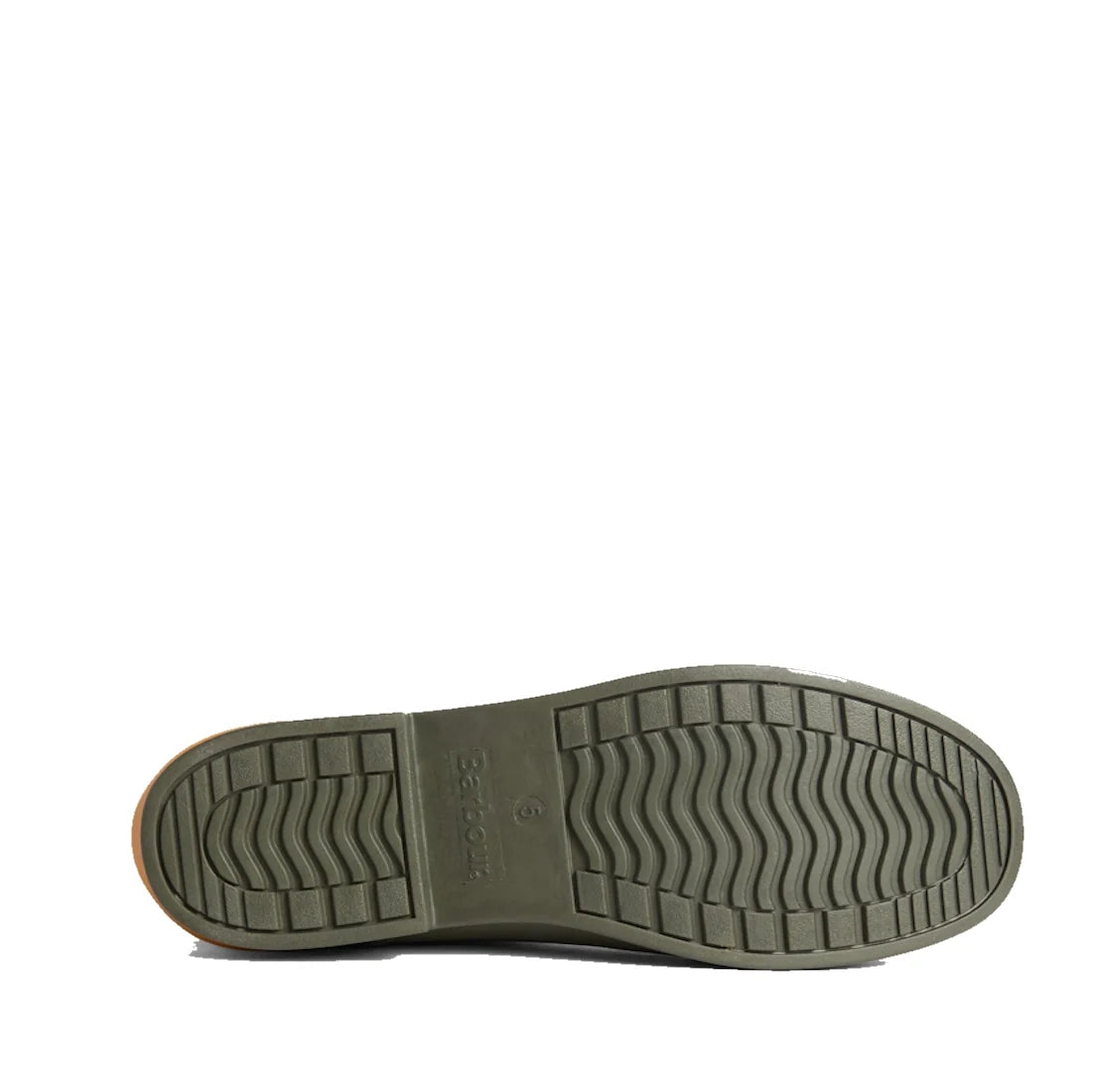Olive green shoe sole featuring prominent rectangular and zigzag tread patterns, shown from the bottom—designed for the Barbour Abbeyfield Packable Ankle Wellingtons Olive. These packable wellington boots provide reliable grip and stability while remainin