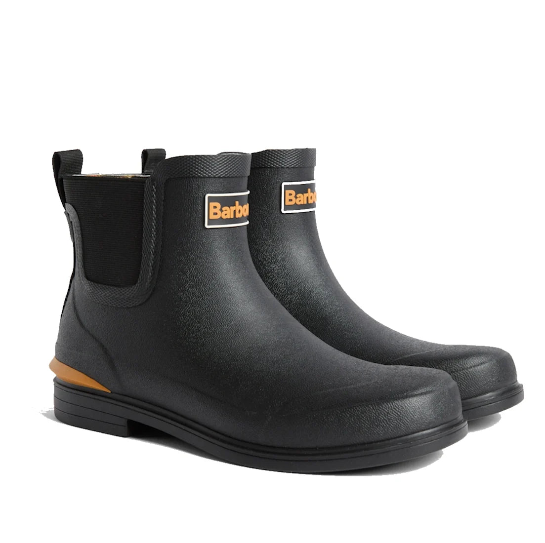 A pair of Barbour Abbeyfield Packable Ankle Wellingtons Black with orange accents, elastic side panels, and back pull tabs are displayed on a white background—perfect as lightweight wellies or festival boots.