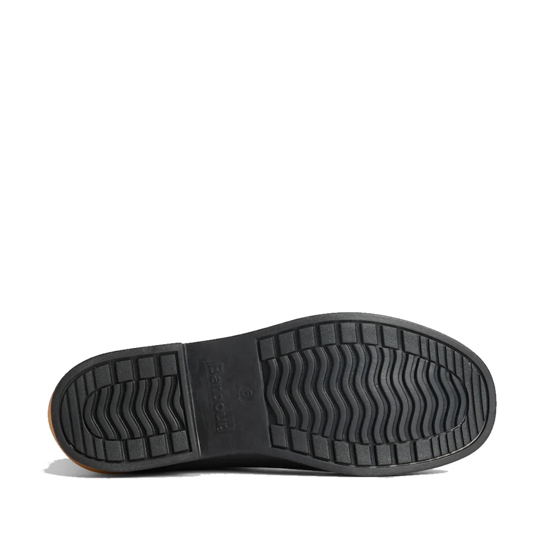 The black sole, featuring a textured, grooved tread for enhanced grip, is shown from below against a white background. Designed specifically for the Barbour Abbeyfield Packable Ankle Wellingtons Black, these lightweight boots make ideal festival footwear 
