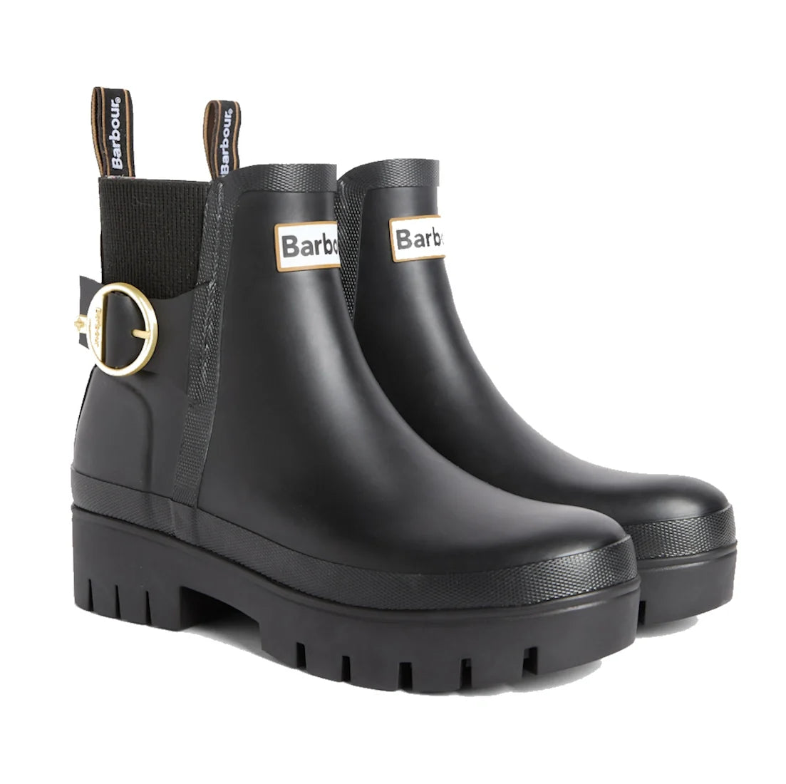A pair of Barbour Hepburn Platform Ankle Wellingtons Boots in black, these women’s boots are crafted from black rubber and feature chunky platform soles, side buckles, stretchy side panels, and the signature Barbour logo on the front.