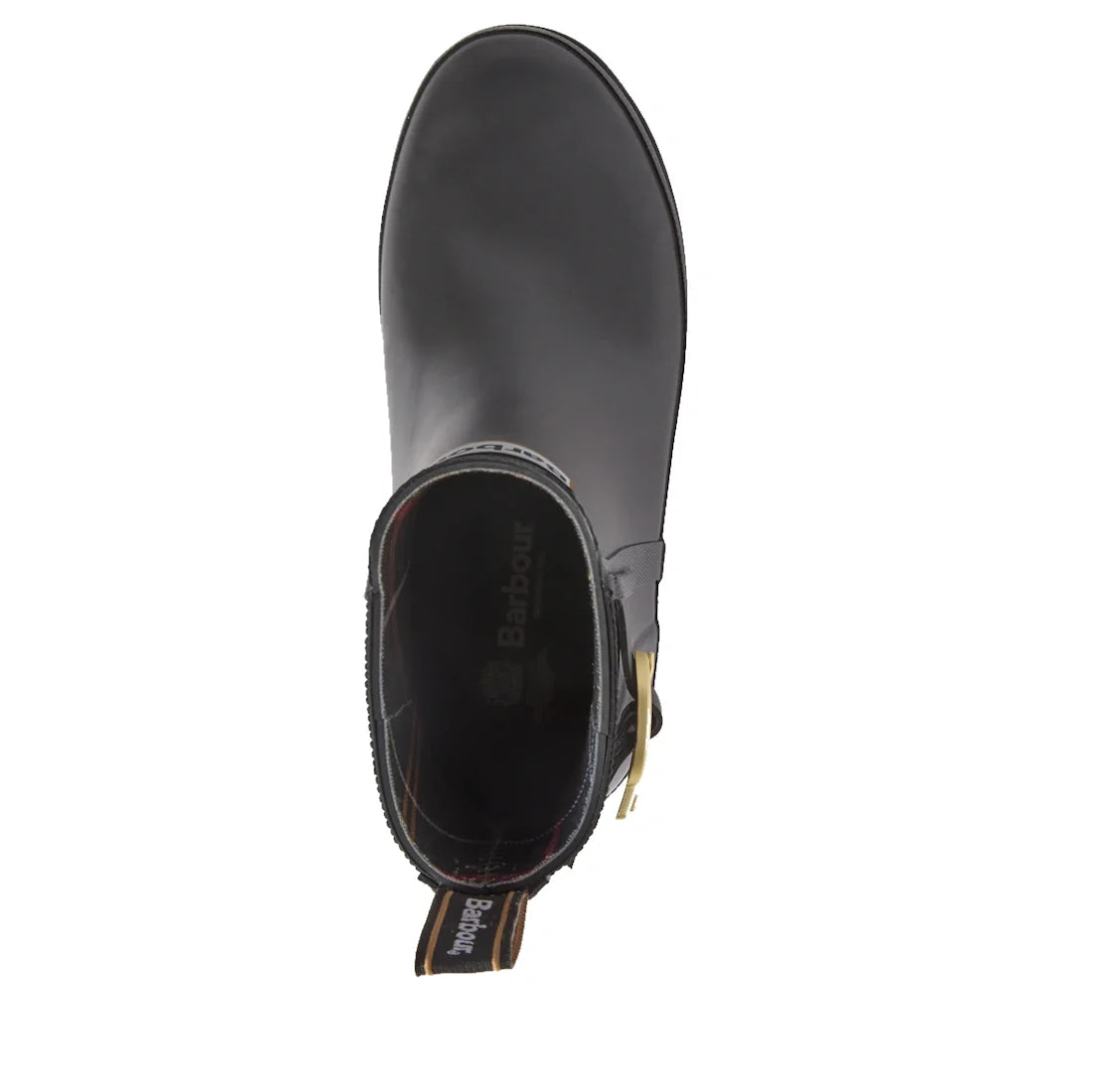 A top-down view of a single Barbour Hepburn Platform Ankle Wellingtons Boot in black, featuring a gold buckle and branded pull tab at the heel, displayed on a white background. This sleek women’s boot highlights the signature style and practicality of Bar