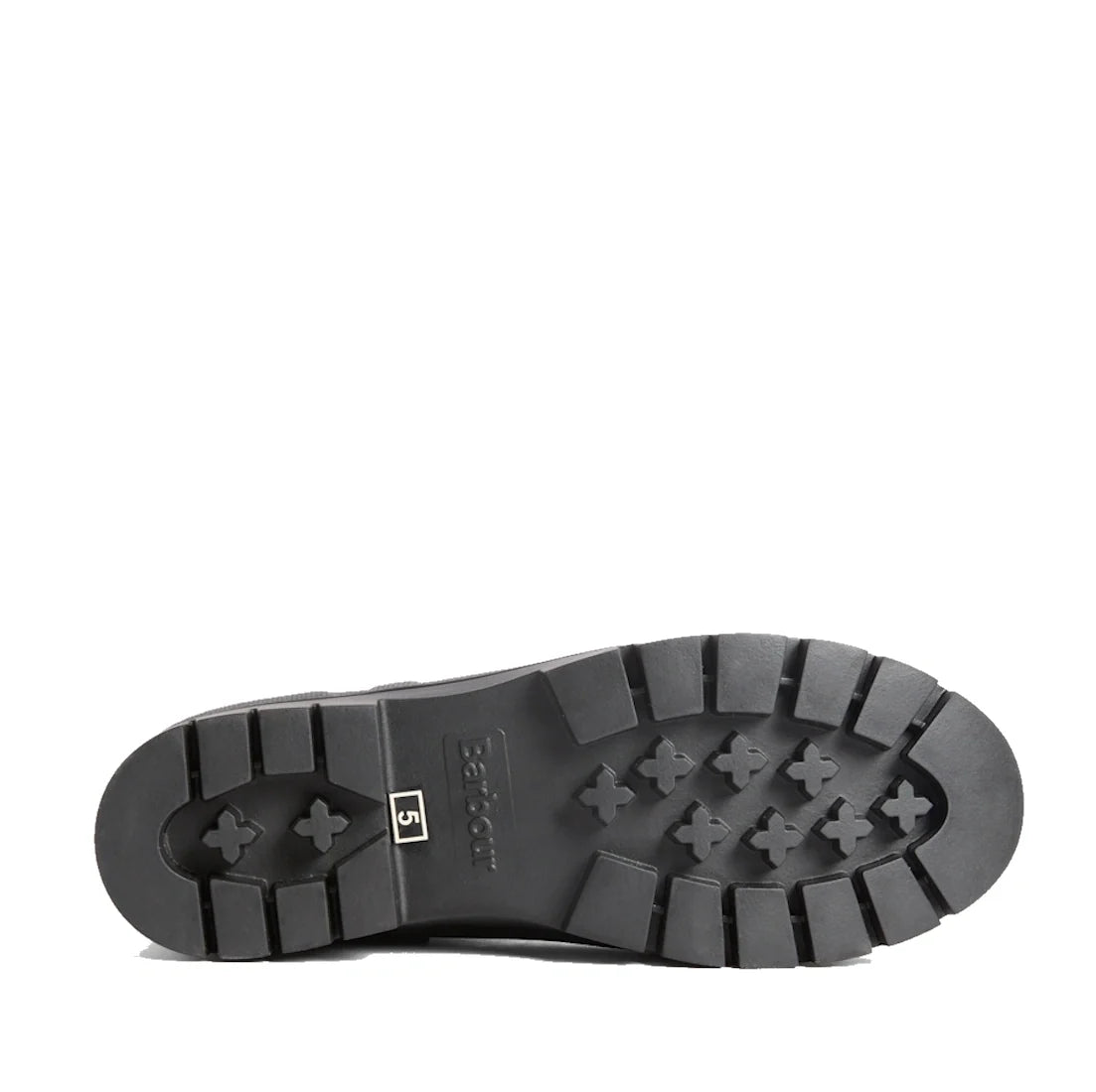 The image shows the black rubber sole of a shoe with deep treads and a size label reading 51. The rugged design, featuring rectangular and cross-shaped patterns, is characteristic of women’s wellingtons like the Barbour Hepburn Platform Ankle Wellingtons 