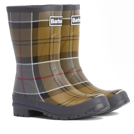 The Barbour Banbury Tartan Mid Calf Wellys Womens Rainboot features a classic brown, black, red, and white tartan pattern, black soles, and the Barbour logo on the front of each stylish mid-calf boot.