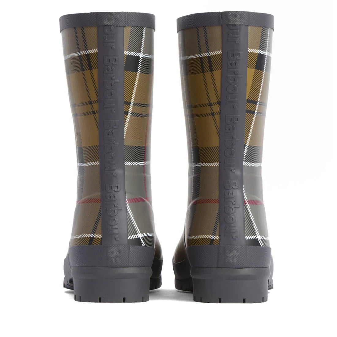 Barbour Banbury Tartan Mid Calf Wellys womens rain boots feature a brown, green, and yellow plaid pattern, black soles, and Barbour embossed on the heel. These mid-calf rainboots are shown from the back., 5063669171042, 5063669171059, 5063669171066, 50636