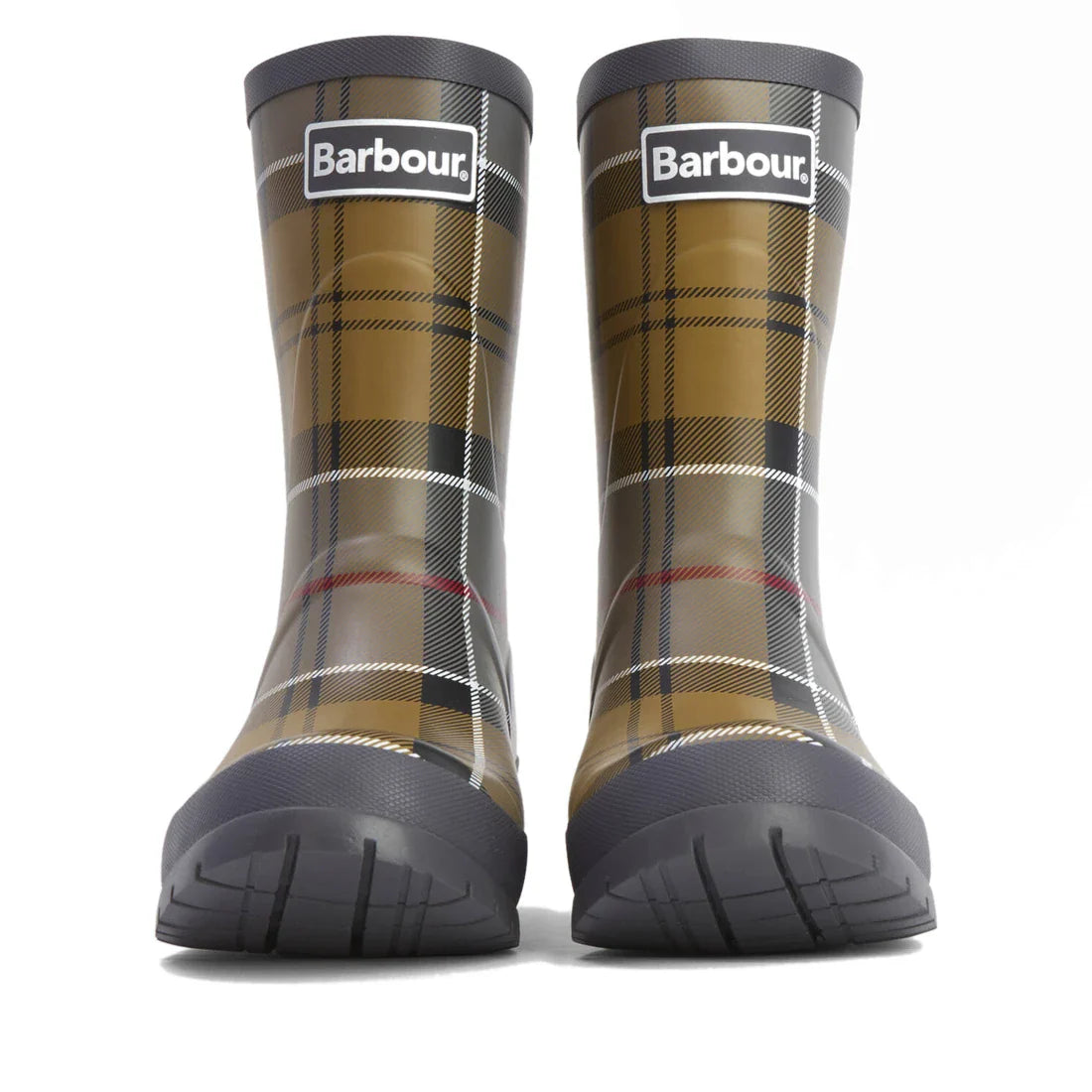 A pair of Barbour Banbury Tartan Mid Calf Wellys Womens Rainboot in brown, black, white, and red tartan, shown from the front with the Barbour logo visible at the top of each boot., 5063669171042, 5063669171059, 5063669171066, 5063669171073, 5063669171080