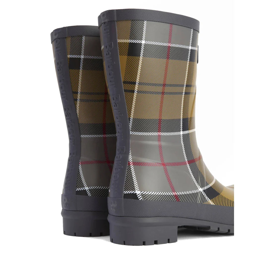 The Barbour Banbury Tartan Mid Calf Wellys Womens Rainboot, shown from the back and side on a white background, features a brown, black, red, and white tartan pattern., 5063669171042, 5063669171059, 5063669171066, 5063669171073, 5063669171080, 51377